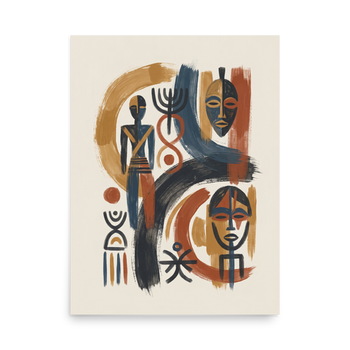 'Ancestral Rhythms' — a Abstract art,Modernism print. A striking abstract composition of African masks and ancestral motifs in terracotta and indigo, making a powerful focal point for living room or entryway decor.