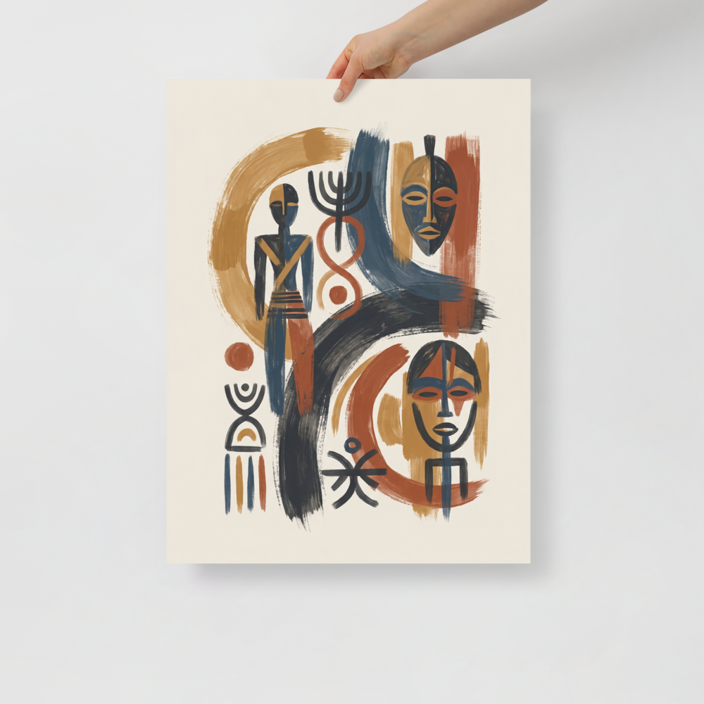'Ancestral Rhythms' — a Abstract art,Modernism print. A striking abstract composition of African masks and ancestral motifs in terracotta and indigo, making a powerful focal point for living room or entryway decor.