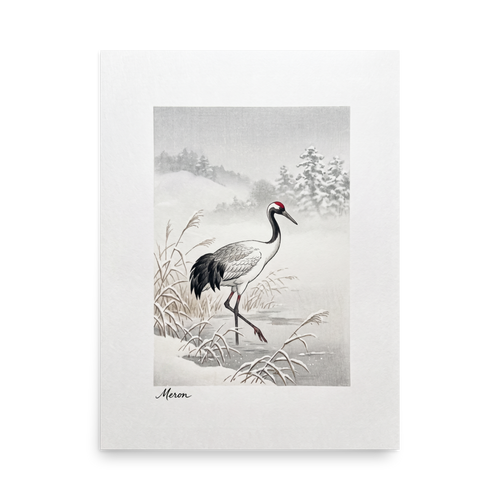 'Crane in the Frost' — a Shin hanga print. A red-crowned crane wades through a snow-covered winter marsh near frosted pine hills, adding a calm atmosphere to a bedroom.