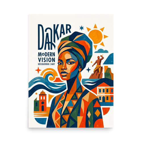 'Dakar Modern Vision' — a Dakar School,Cubism print. A vibrant geometric poster print celebrating Dakar with a portrait of an elegant woman, ocean waves, and stylized typography, perfect for office or living room wall art.
