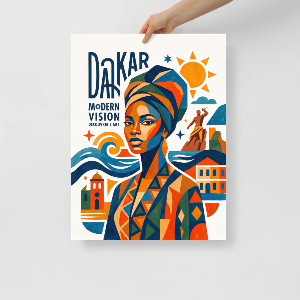 'Dakar Modern Vision' — a Dakar School,Cubism print. A vibrant geometric poster print celebrating Dakar with a portrait of an elegant woman, ocean waves, and stylized typography, perfect for office or living room wall art.