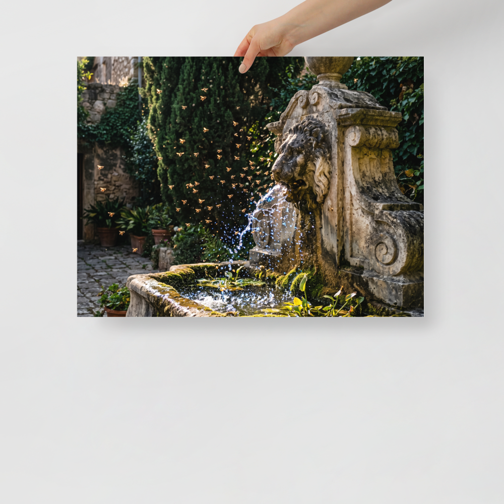 'Fountain of the Swarm' — a Art photography print. A photograph capturing golden bees flying around a splashing antique stone lion fountain in a sunlit garden, ideal for a sunroom or living room.