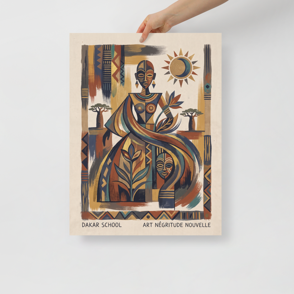 'Spirit of Négritude' — a Dakar School,Modernism print. A geometric Dakar School art print celebrating African Négritude with an elegant figure and ancestral symbols, making meaningful living room or library wall art.
