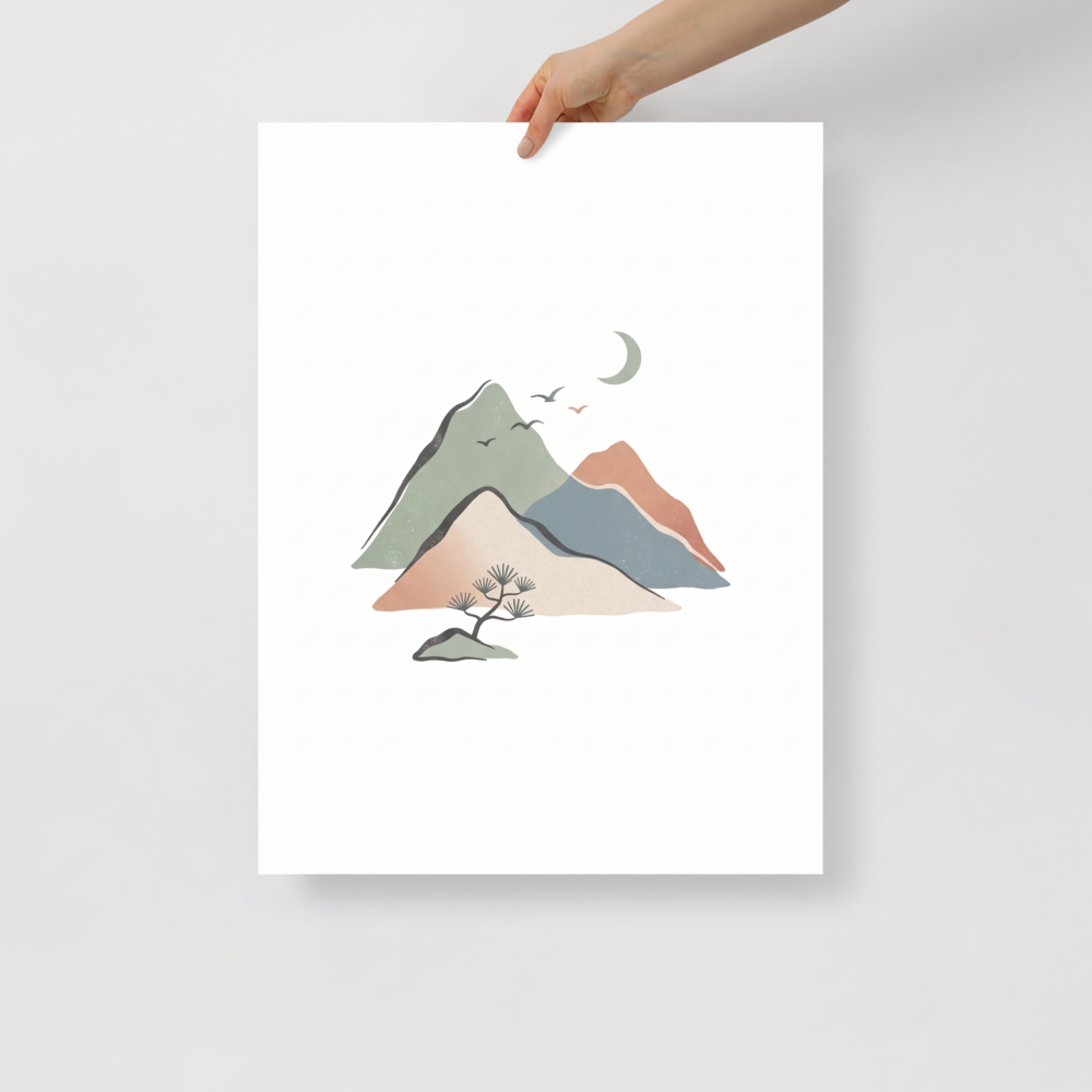 'Mountain Solace' — a Shin hanga print. A minimalist landscape of layered mountains in sage green and terracotta beneath a crescent moon and a bonsai pine, ideal for bedroom wall art.