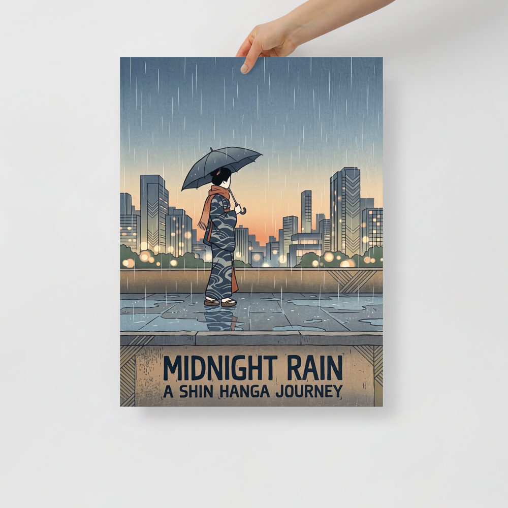 'Midnight Rain' — a Shin hanga print. A woman holding an umbrella stands on a terrace looking toward a rainy city skyline at dusk above typography reading Midnight Rain, perfect for a living room.