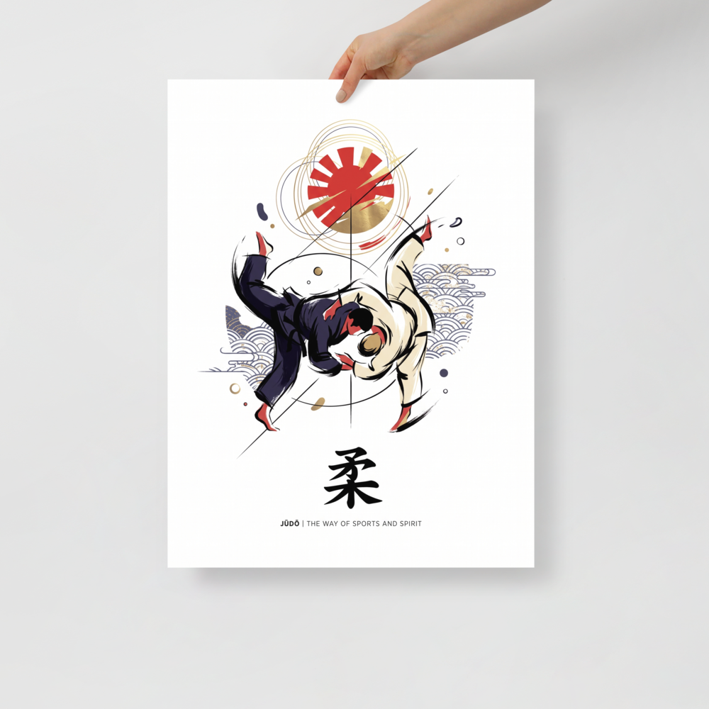 'Way of Judo' — a Shin hanga print. A dynamic illustration of two Judo martial artists executing a throw beneath a red and gold sun emblem, ideal for gym wall art.