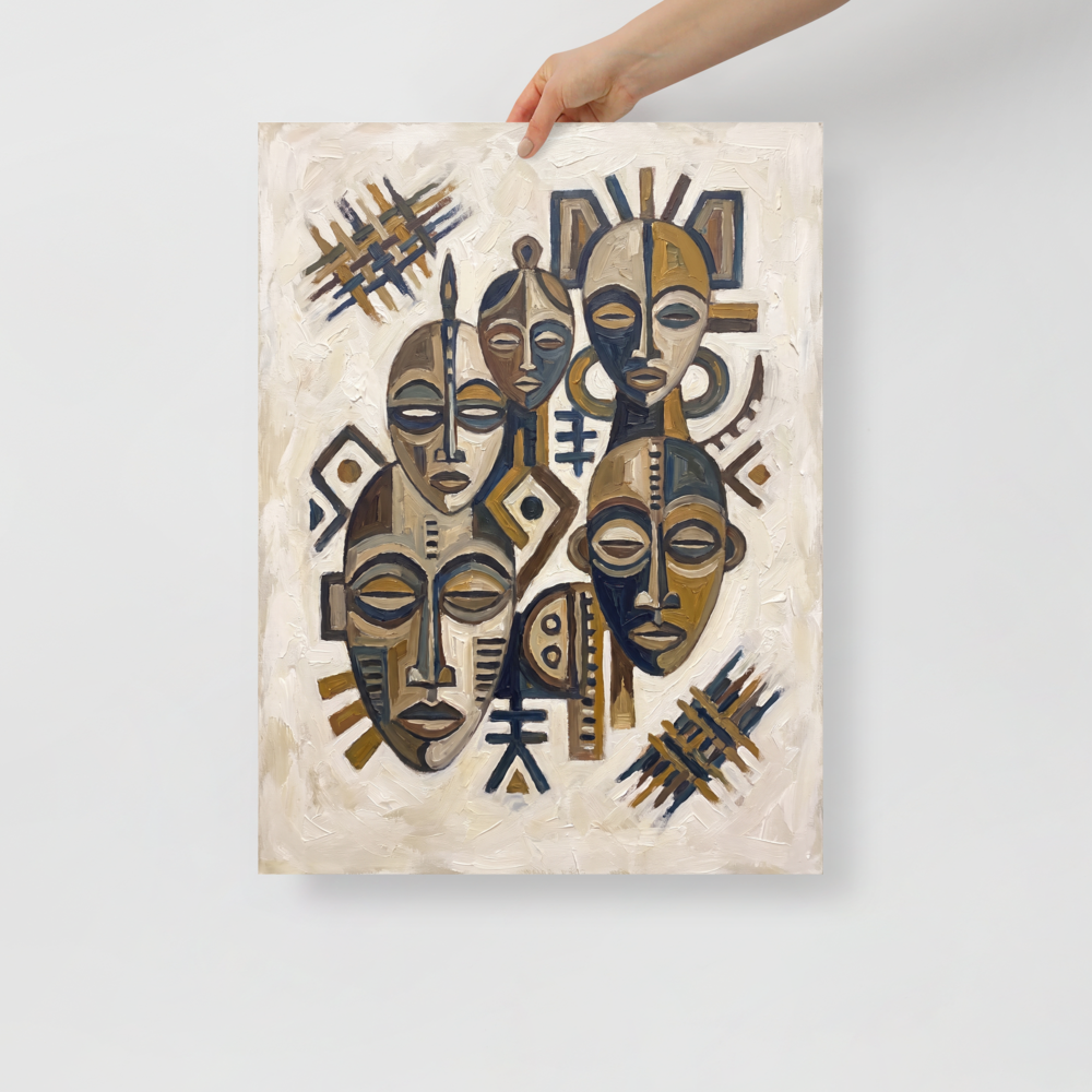 'Guardians of Tradition' — a Primitivism,Cubism print. A textured oil painting featuring an assemblage of serene African masks in earthy brown and slate tones, making impactful living room or entryway wall art.