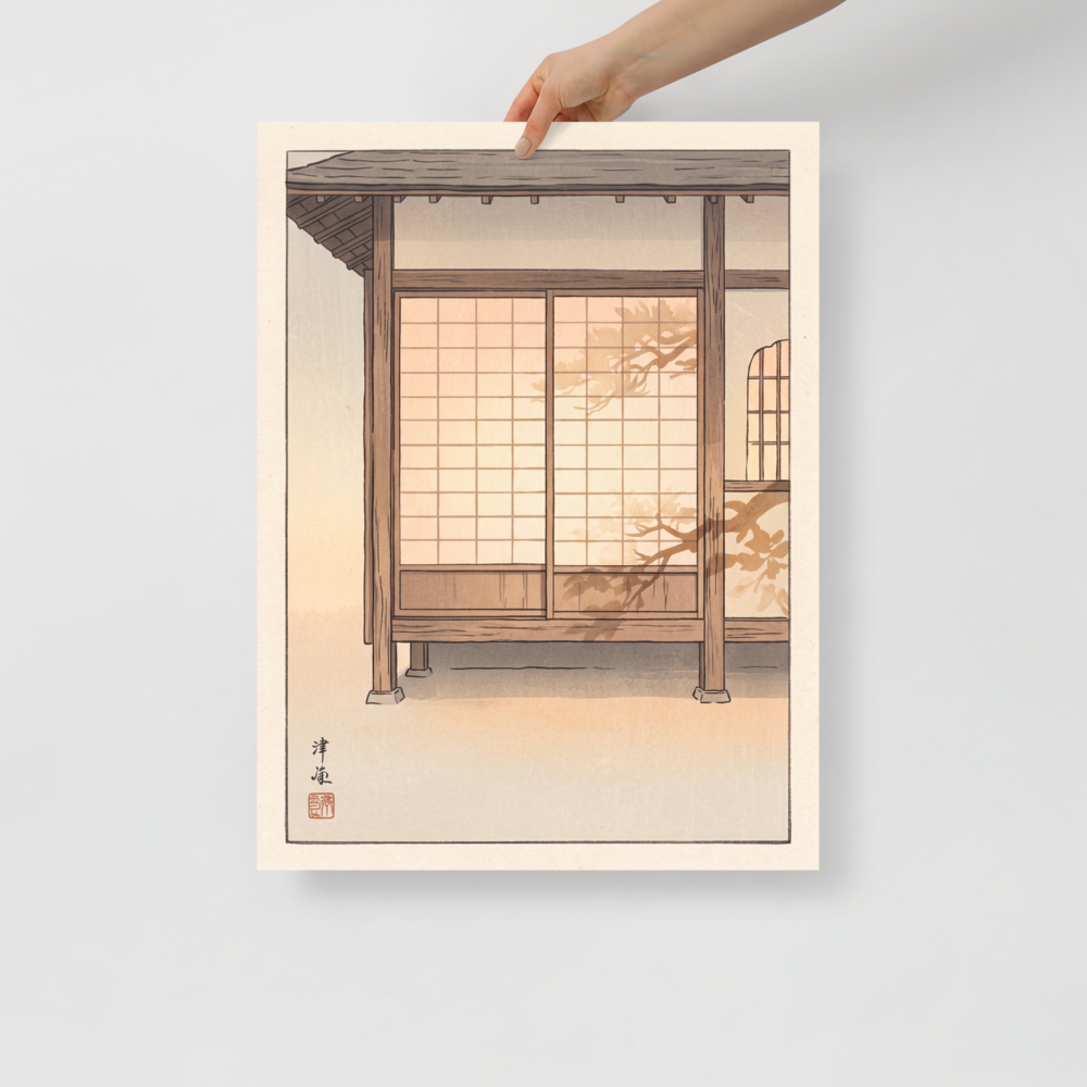'Shadows on Shoji' — a Shin hanga print. Pine branch silhouettes cast shadows across glowing paper shoji screens of a Japanese wooden house at sunset, creating a serene mood for a bedroom.