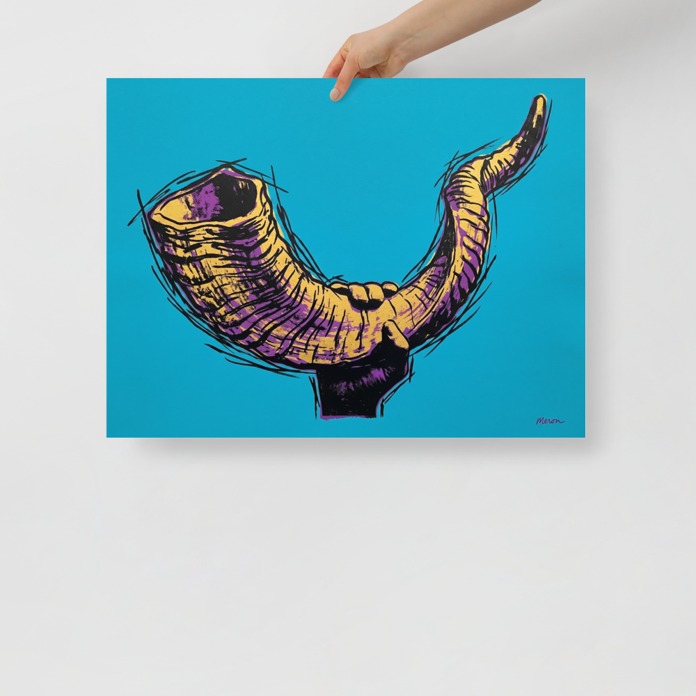 'The Golden Shofar' — a Pop art print. A vibrant pop art illustration of a hand holding a shofar in yellow and purple tones against a bright cyan background, perfect for a modern living room or study.
