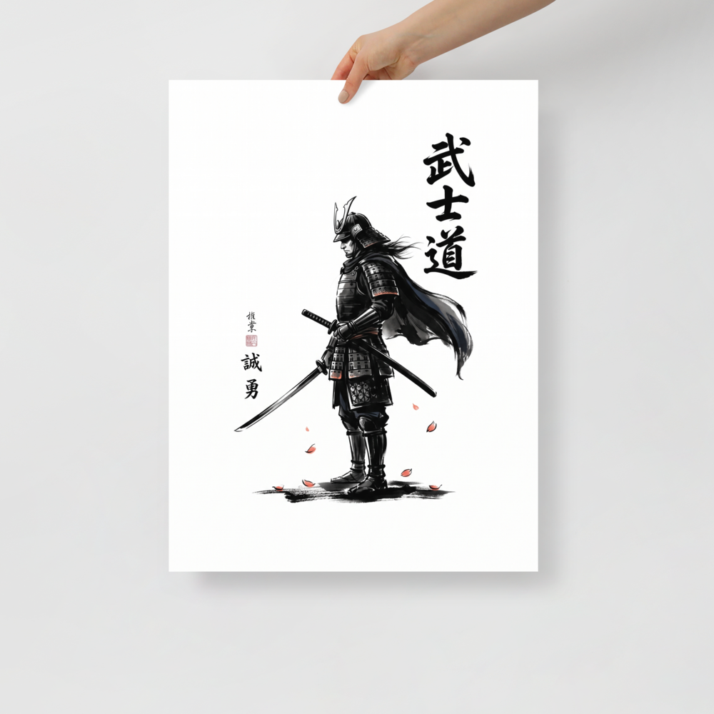 'Way of the Warrior' — a Shin hanga print. A samurai warrior in dark armor stands with a drawn sword beside bold Japanese calligraphy on a white background, ideal for office wall decor.