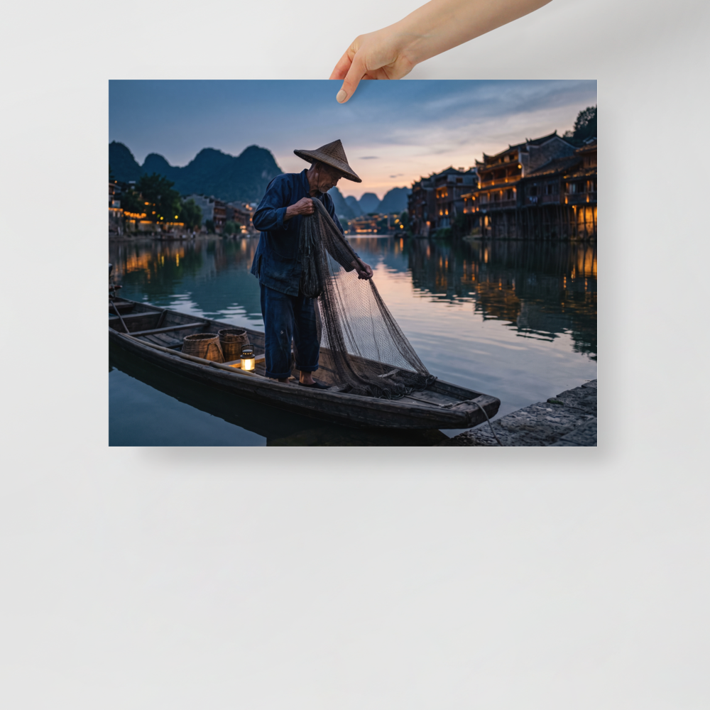 'Twilight River' — a Art photography print. A fisherman gathers his net on a calm river at dusk with illuminated waterfront buildings, creating a serene mood suited for an office.