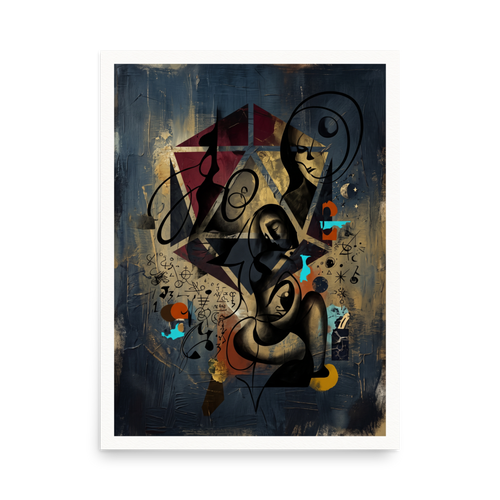 'Alchemist's Embrace' — a Dau-al-Set,Surrealism print. A moody surrealist artwork depicting sculptural figures intertwined with geometric stars and alchemical symbols on a dark indigo background, ideal for creating an intriguing atmosphere in a bedroom or office.