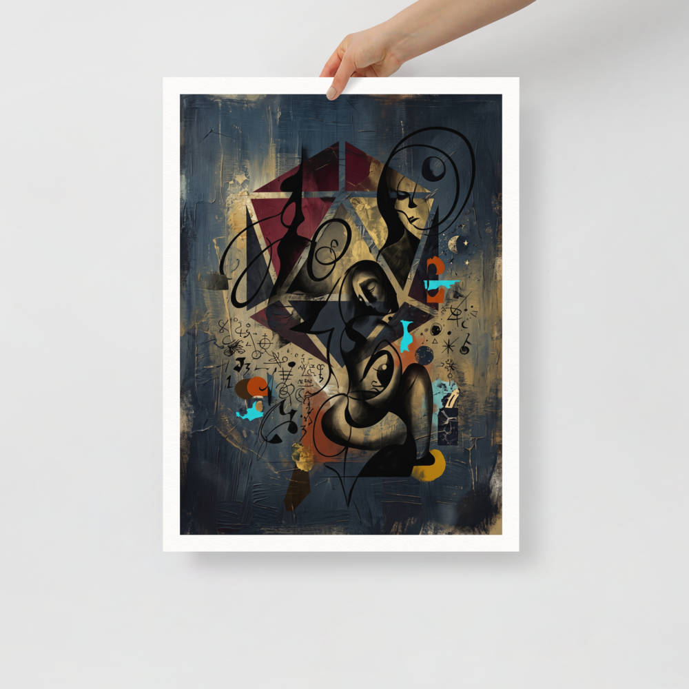 'Alchemist's Embrace' — a Dau-al-Set,Surrealism print. A moody surrealist artwork depicting sculptural figures intertwined with geometric stars and alchemical symbols on a dark indigo background, ideal for creating an intriguing atmosphere in a bedroom or office.