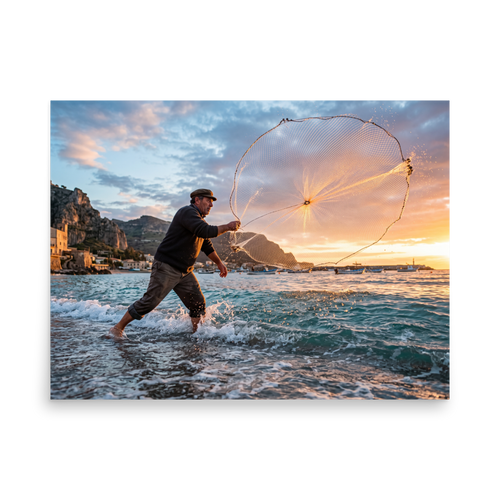 'Casting the Dawn' — a Art photography print. A dynamic photograph of a fisherman casting a circular net that catches golden sunrise light over the sea, ideal for a living room or study.