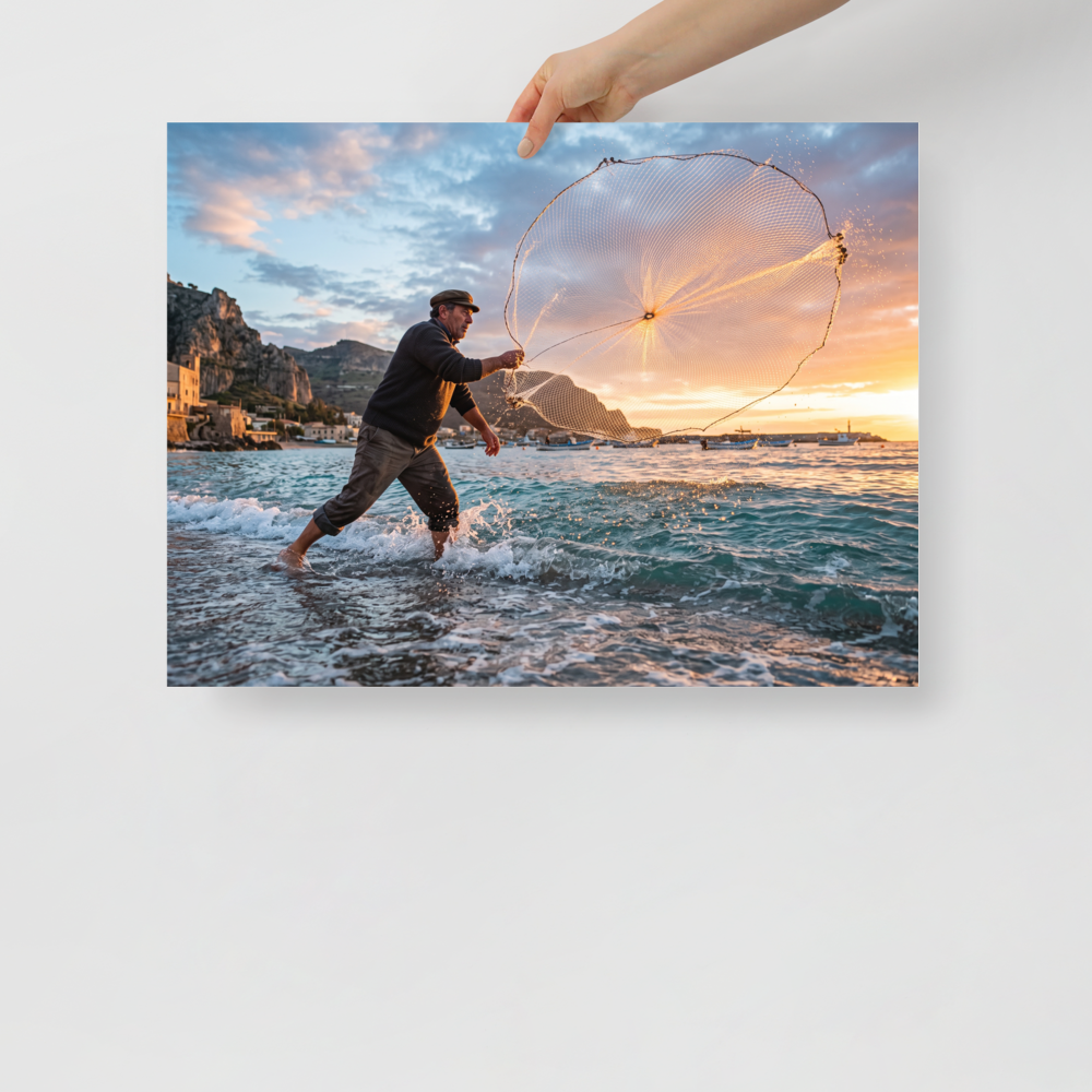 'Casting the Dawn' — a Art photography print. A dynamic photograph of a fisherman casting a circular net that catches golden sunrise light over the sea, ideal for a living room or study.