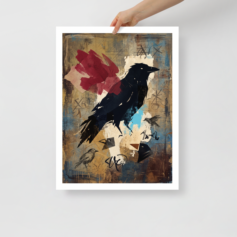 A mystical / mysterious Dau-al-Set print, 'The Alchemist's Messenger'. A bold mixed-media collage of a black raven silhouette with a red wing and alchemical symbols on textured brown and turquoise paper, perfect for a contemporary office or living room.