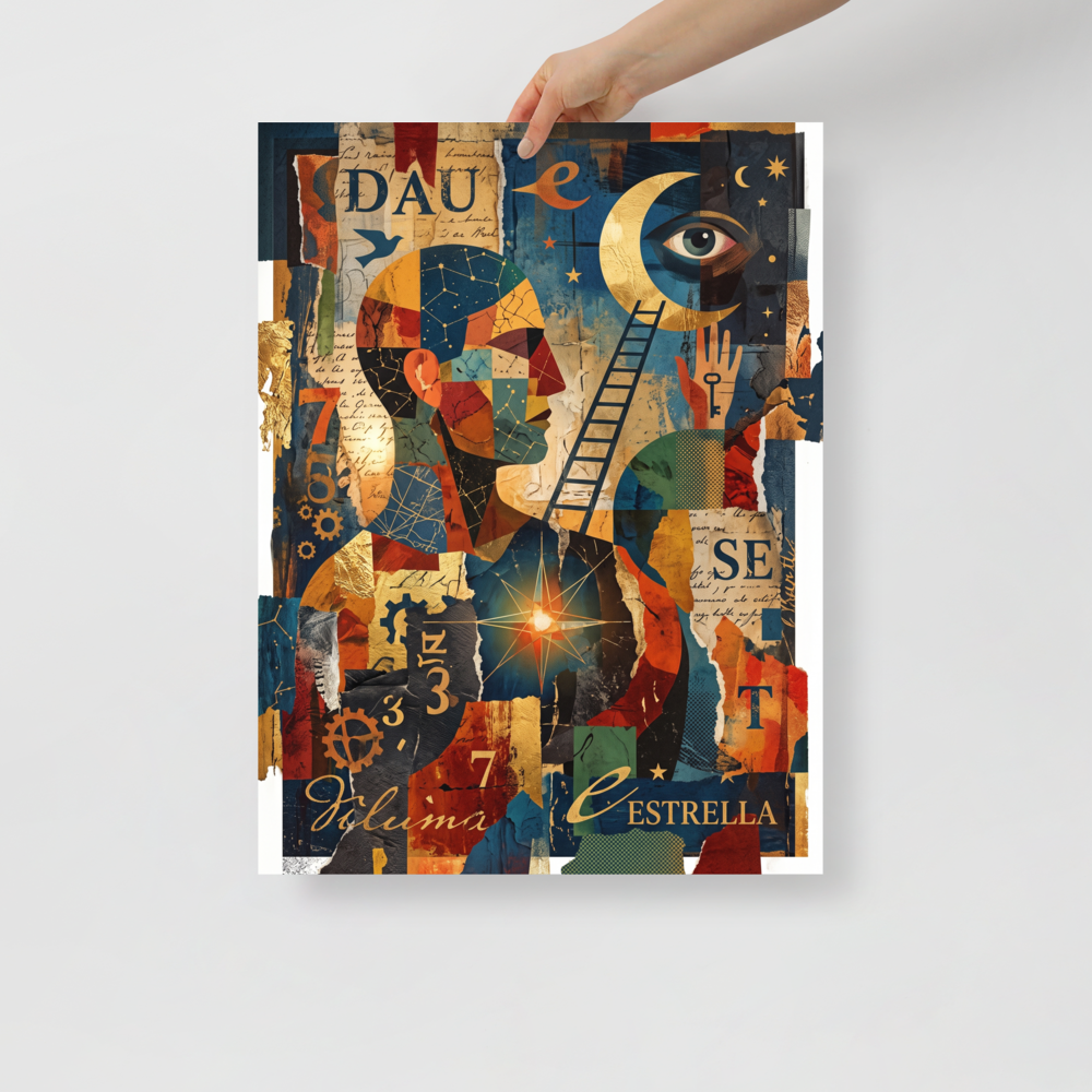 'Ladder to the Stars', a Dau-al-Set wall art print. A rich surrealist collage featuring a geometric human figure, a golden crescent moon with an eye, and a ladder reaching into starry skies, ideal for adding depth to a library or living room.