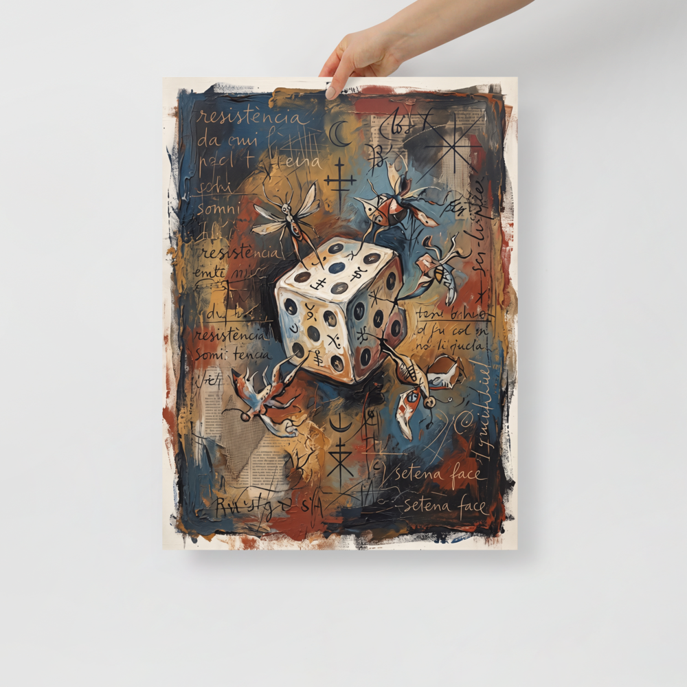 Dau-al-Set wall art, 'The Seventh Face'. An expressive surrealist oil painting of an alchemical die with winged insect creatures and handwritten script on a rust and blue background, perfect for a lively living room or office.