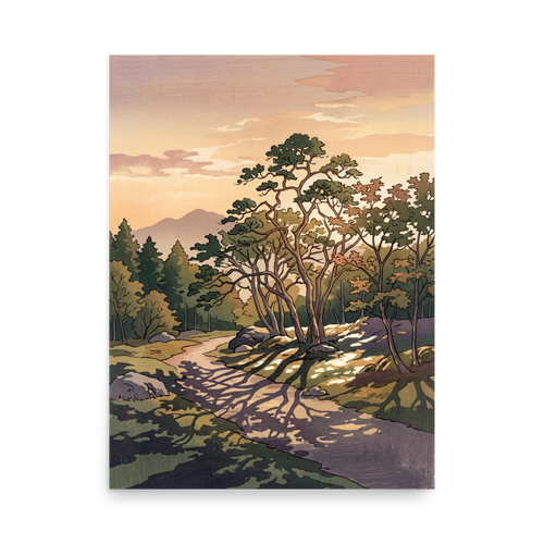 A winding forest path dappled with tree shadows leads toward distant mountains under a warm peach evening sky, ideal for a tranquil living room. 'Dappled Sunset Path', a Shin hanga print for the wall.