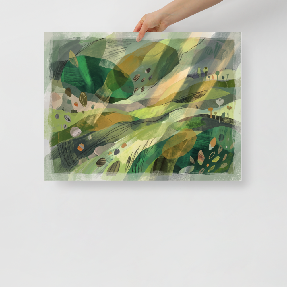 Lush green rolling hills and abstract botanical forms float across layered washes and delicate sketches, making a calming centerpiece for a bedroom. Available as the Dau-al-Set art print 'Verdant Horizons'.