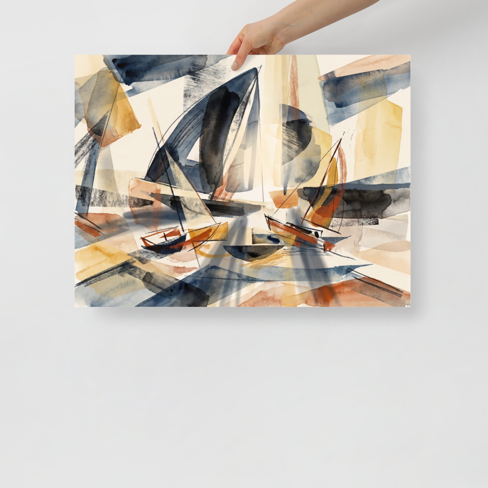 Translucent watercolor sails in navy and gold drift across a sunlit harbor, bringing a calm coastal atmosphere to a living room. Shown here as the Dau-al-Set print 'Harbor Washes'.