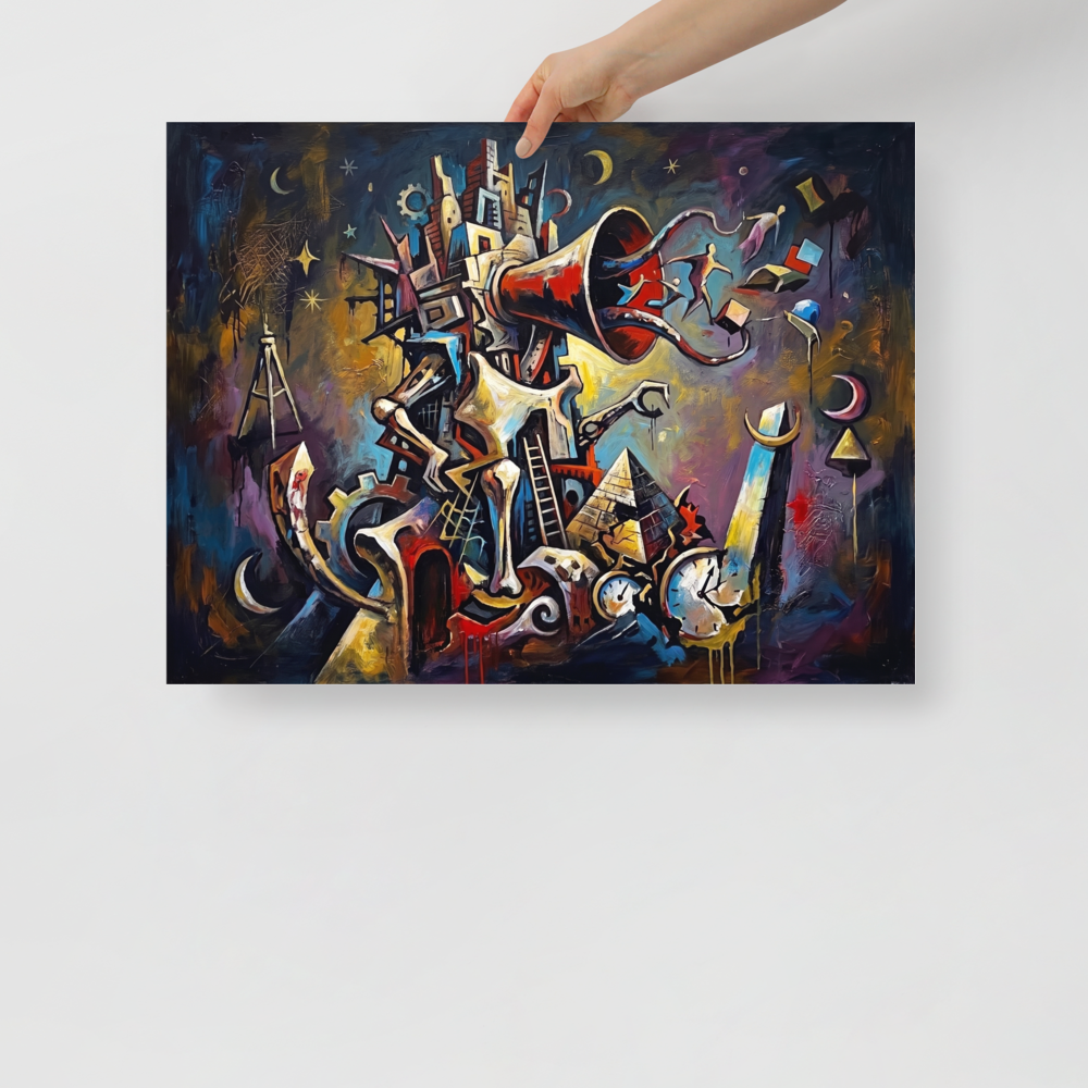 'Tower of Dreams'. A surrealist tower with a giant red horn releases figures into a cosmic night sky above broken clocks, creating an inspiring centerpiece for an office. Offered as a Dau-al-Set print.