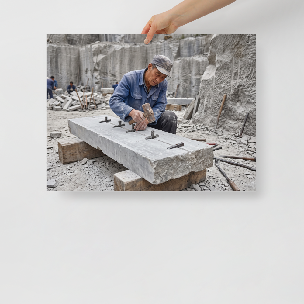 Art photography wall art, 'Splitting the Stone'. A stonemason splits a granite slab with hammer and wedges in a quarry, offering grounded inspiration for an office.