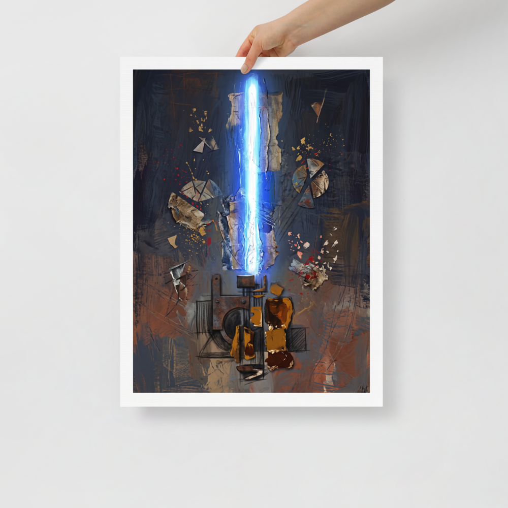'Rift of Light', Dau-al-Set wall art in blue and brown. An abstract surreal painting depicting a glowing vertical blue beam rising from dark geometric machinery, surrounded by floating metallic debris and gold splatters, perfect for an office.