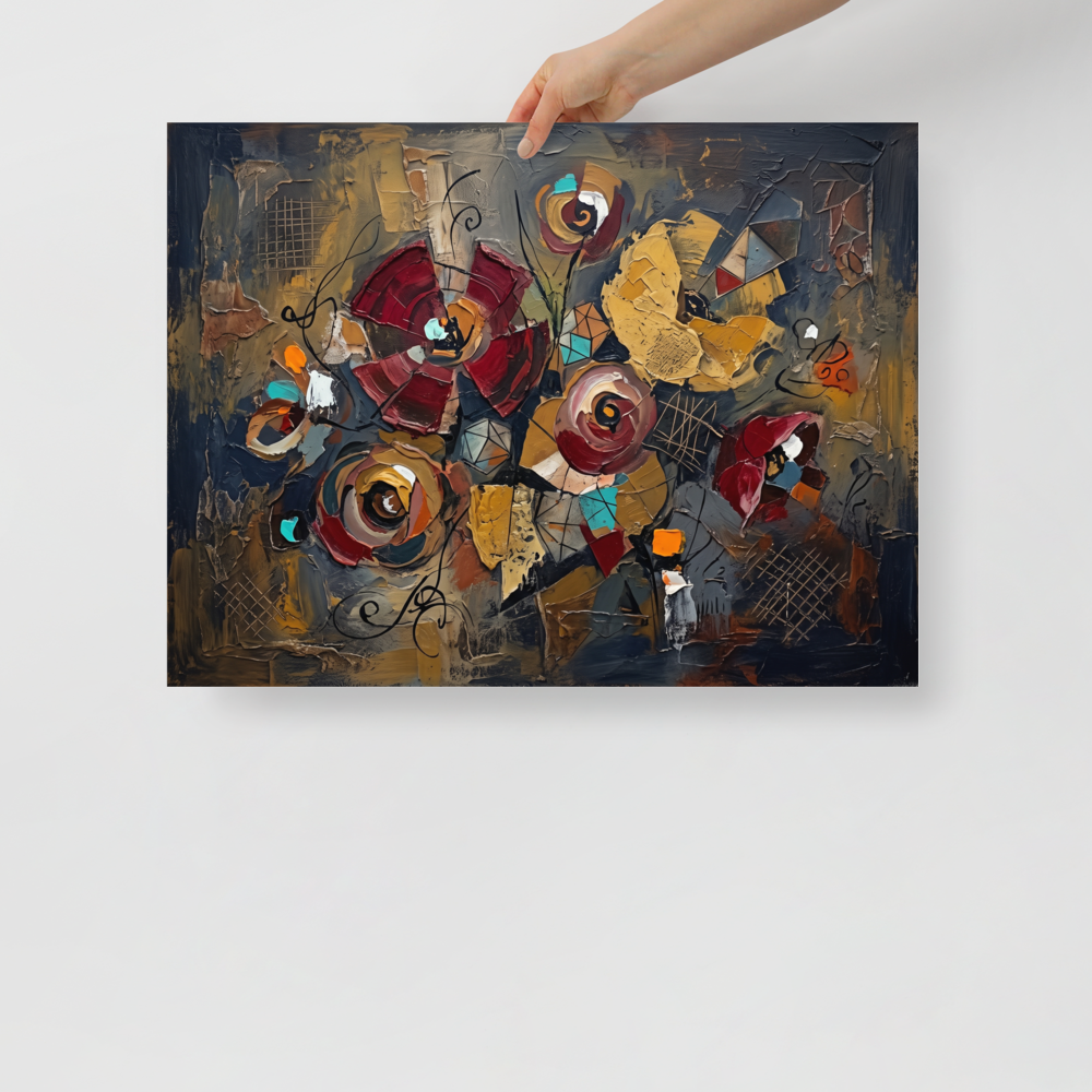 A heavily textured impasto oil painting of abstract crimson and gold flowers intertwined with geometric shapes and calligraphic lines, perfect for a dining or living room. A Dau-al-Set print with a oil painting look, titled 'Geometric Blooms'.