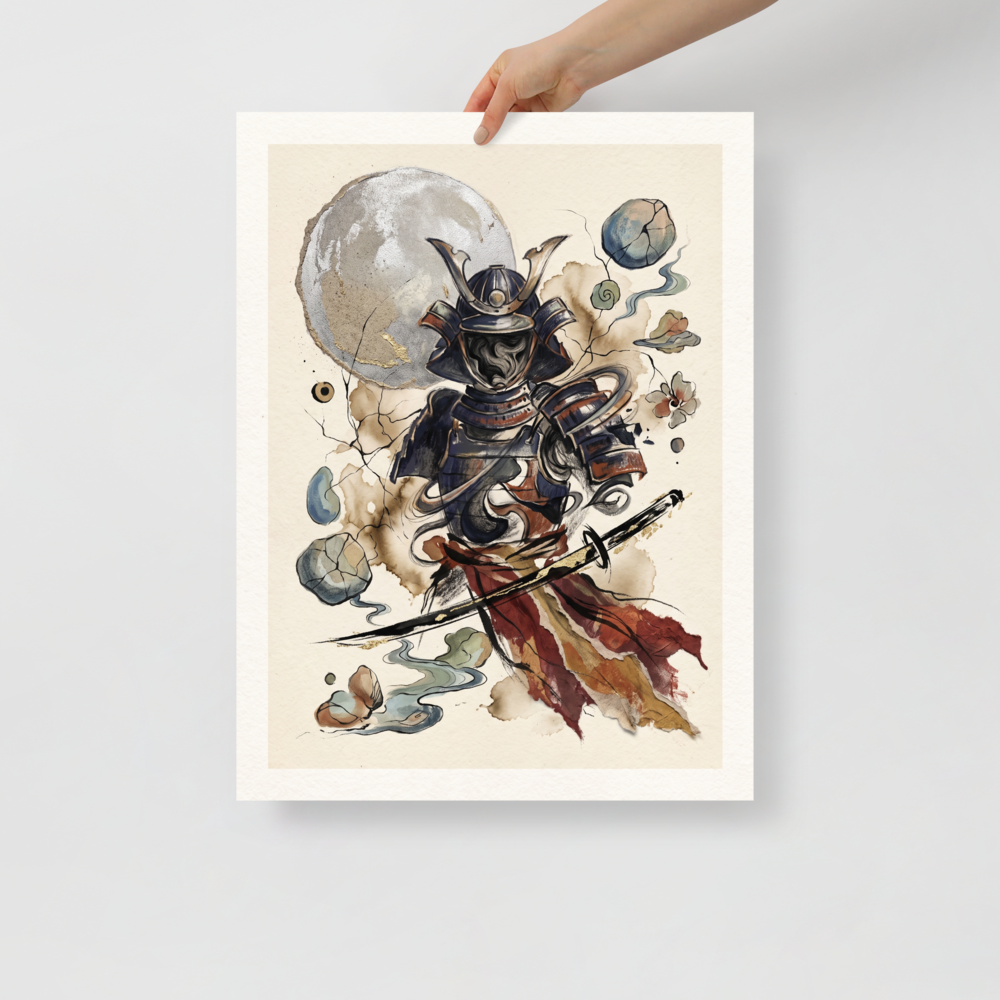 'Shadow of the Warrior' by Meron. Surreal ink and watercolor painting of hollow samurai armor filled with swirling mist under a textured silver moon and floating stones, ideal for an office or library. A Dau-al-Set wall art print.