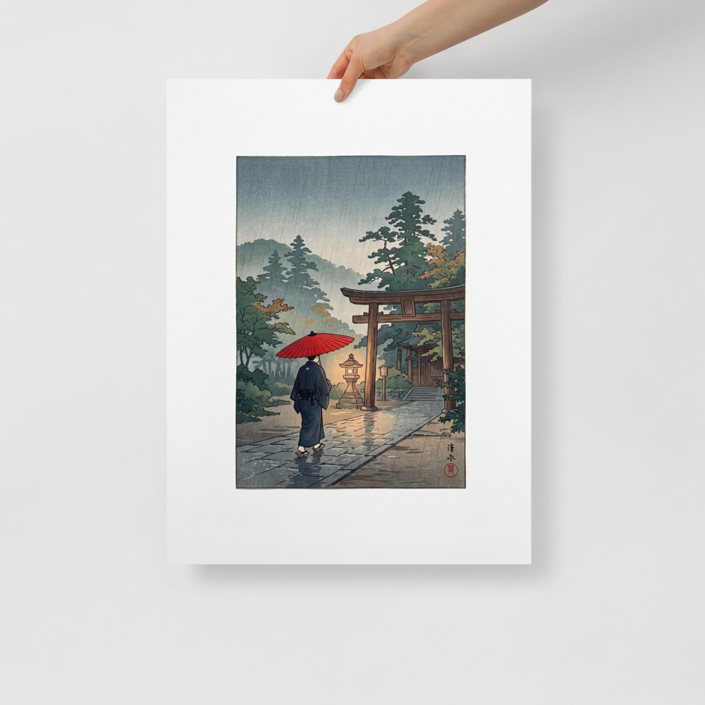 A person holding a red umbrella walks along a rain-slicked stone path toward an illuminated shrine gate in misty woods, ideal for a calm living room. A calmness piece titled 'Sanctuary in the Rain'.