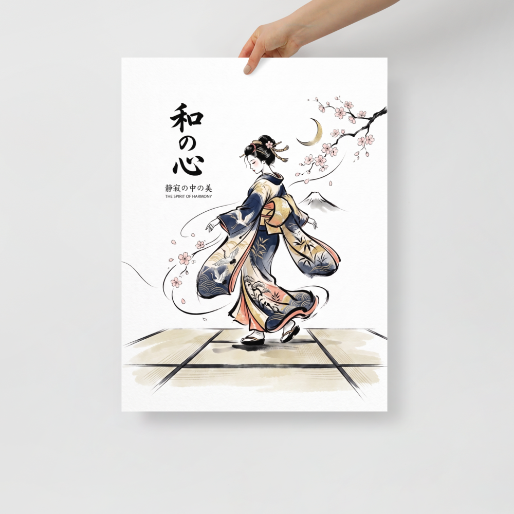 A woman wearing a flowing crane-patterned kimono walks across tatami mats beside cherry blossoms and calligraphy reading The Spirit of Harmony, ideal for a serene bedroom. A Shin hanga print in navy and gold, 'Spirit of Harmony'.