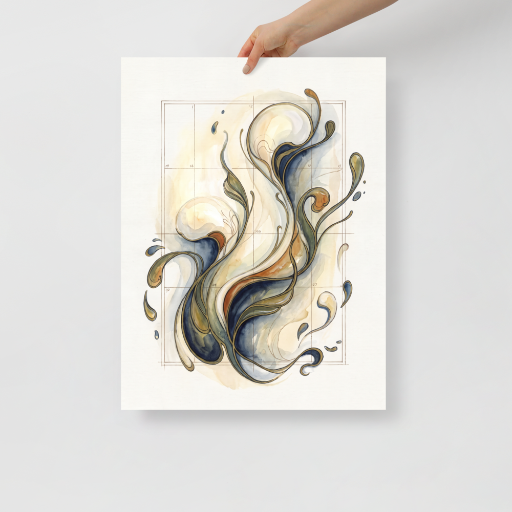 Swirling organic ribbons of indigo, olive, and amber outlined in gold breaking through a numbered geometric grid, creating an elegant wall art piece for a living room or office. Shown here as the Lyco art print 'Fluid Coordinates'.