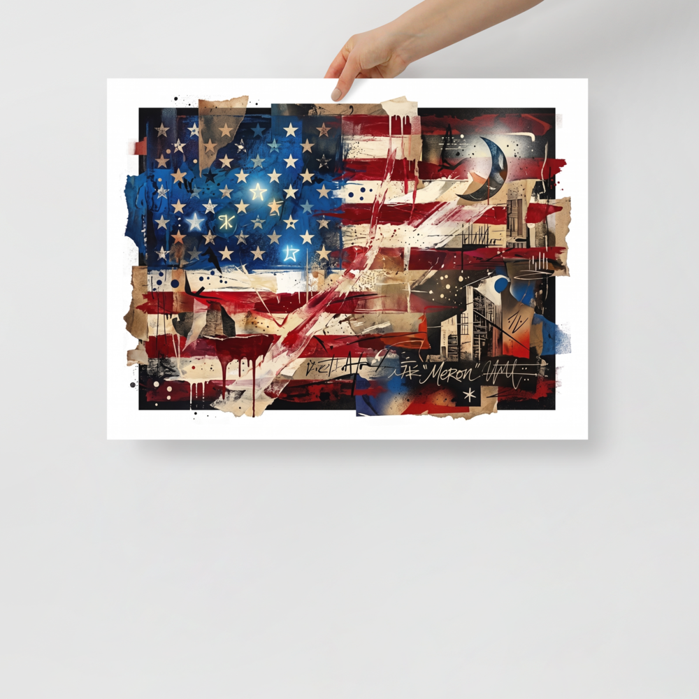 A striking Dau-al-Set print, 'Deconstructed Anthem'. A deconstructed mixed media collage of the American flag with expressive drips and architectural fragments, perfect for an office or den.