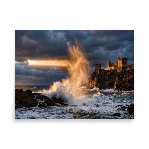 A dramatic photograph of a massive golden wave crashing against rocky cliffs below an ancient coastal castle under storm clouds, perfect for a living room or study. A Art photography art print titled 'Citadel of the Waves'.