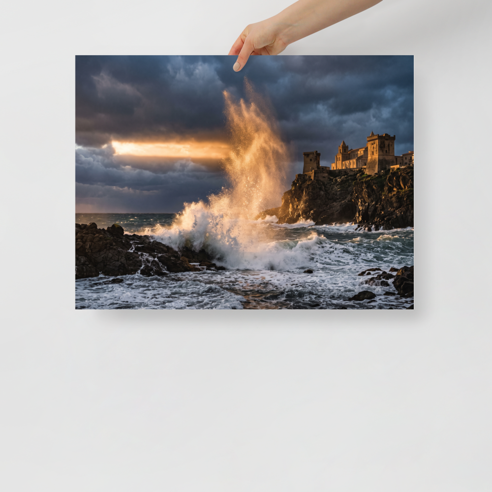 Art photography wall art for the living room, 'Citadel of the Waves'. A dramatic photograph of a massive golden wave crashing against rocky cliffs below an ancient coastal castle under storm clouds, perfect for a living room or study.