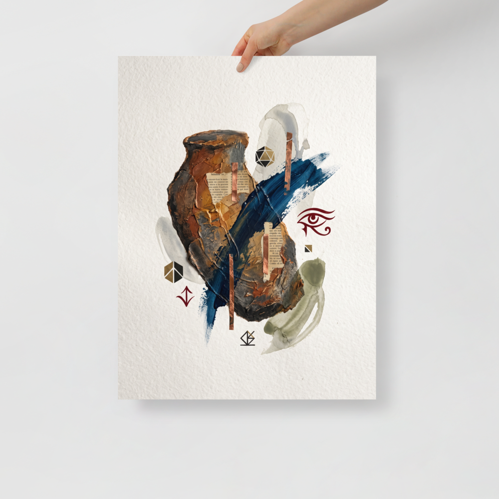'Relics of the Mystic', part of Meron's Dau-al-Set wall art. A textured mixed-media collage featuring an ancient clay vessel form with a bold blue brushstroke, copper strips, and mystic symbols, ideal for a contemporary study or living room.
