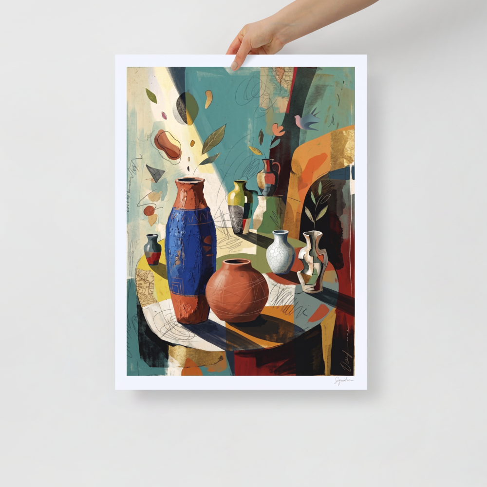 A calmness Dau-al-Set print, 'Vessels of Light'. An abstract still life of terracotta and blue ceramic vessels bathed in sunlight, perfect for brightening a dining room or kitchen.