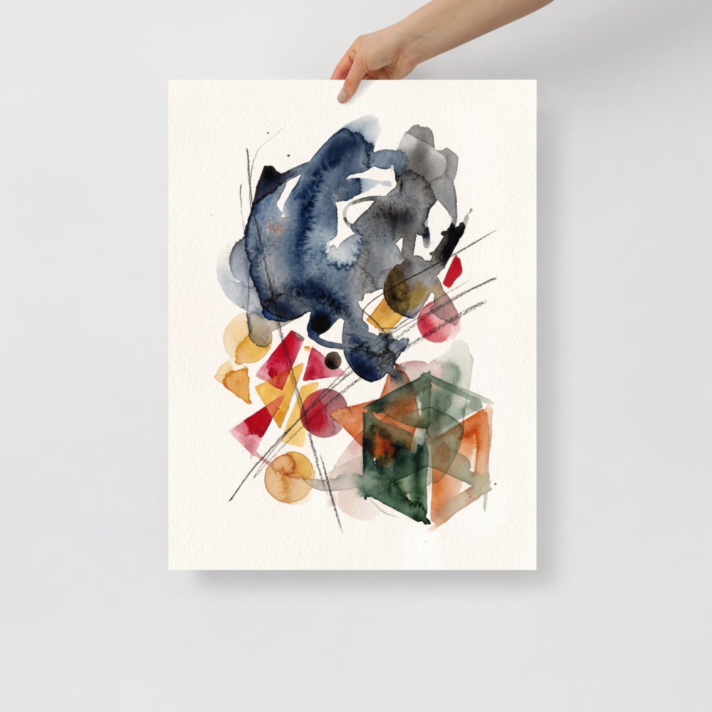 A minimalist watercolor and pencil abstract artwork featuring fluid indigo washes and geometric shapes, ideal for a serene office or study. 'Geometric Whispers', a Dau-al-Set print for the wall.