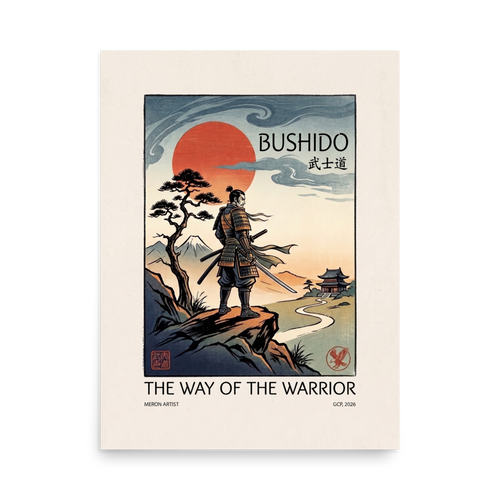 An armored samurai warrior stands atop a rocky ridge overlooking Mount Fuji under a red sun and typography reading Bushido, perfect for an office. A Shin hanga art print titled 'Bushido Horizon'.