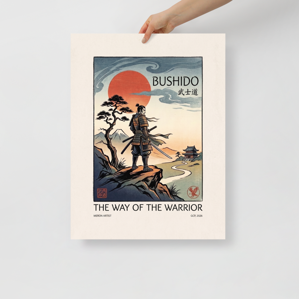 A wonder / awe scene in orange red and steel blue, 'Bushido Horizon'. An armored samurai warrior stands atop a rocky ridge overlooking Mount Fuji under a red sun and typography reading Bushido, perfect for an office.
