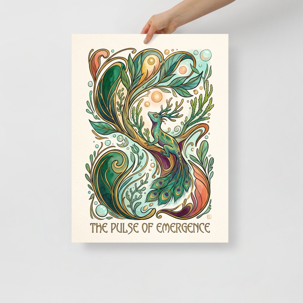 Wall art print 'The Pulse of Emergence' in a Lyco art style. A whimsical green lizard with branching antlers and peacock feathers perches among swirling botanical vines and golden bubbles, creating an enchanting focal point for living room decor.