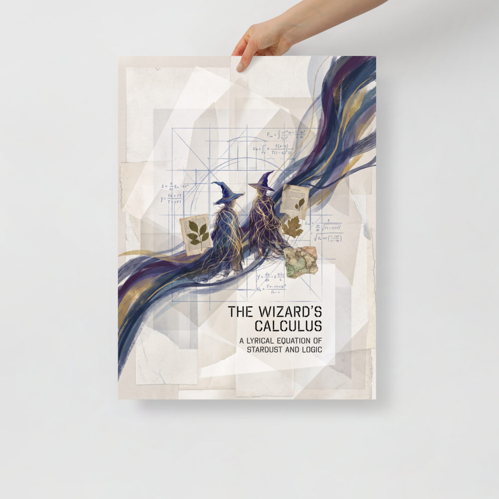 Lyco art wall art exploring fantasy, 'The Wizard's Calculus'. Two wizard figures in blue and violet cloaks surrounded by golden starlight, botanical leaves, and calculus equations on a blueprint grid, creating an enchanting art piece for a study or office.