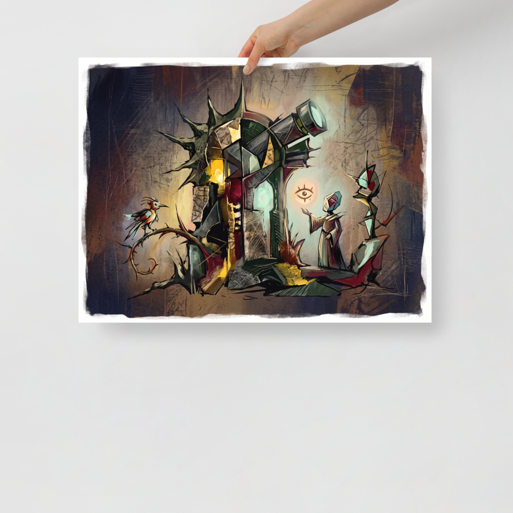 'The Celestial Watcher' by Meron. A surrealist painting depicting a robed scholar gesturing toward a floating eye near a gothic telescope tower and a perched bird, perfect for a quiet library or study. A Dau-al-Set wall art print.