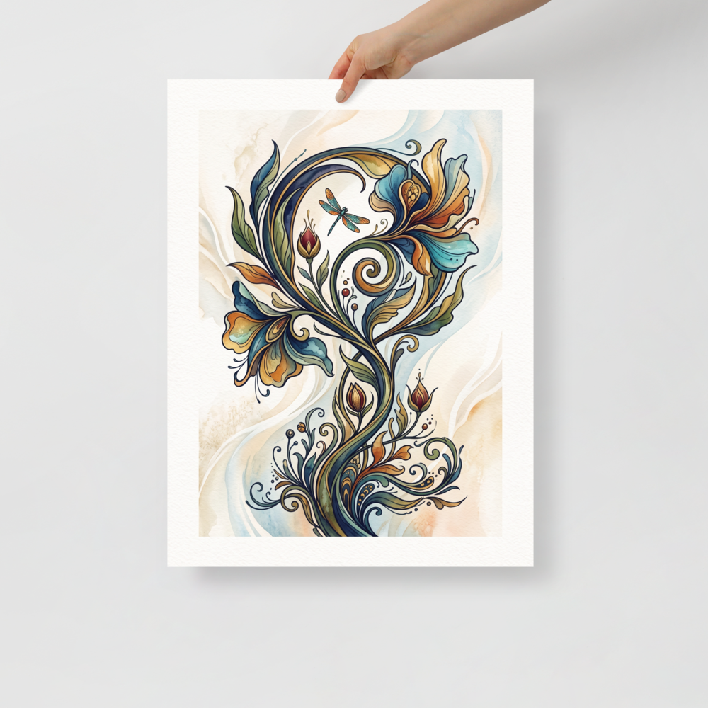 A elegant Art Nouveau print, 'Dragonfly and the Sinuous Iris'. An Art Nouveau botanical watercolor of sinuous curving flowers in teal and gold with a delicate dragonfly, adding serene elegance to a bedroom or living room.