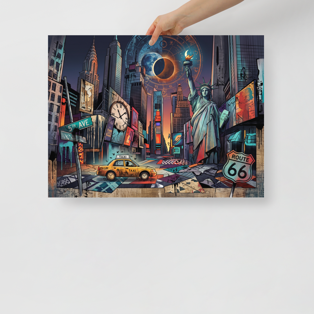 'The Eclipse over 5th Avenue', Dau-al-Set wall art in dark blue and orange. A surrealist illustration of New York City beneath a glowing solar eclipse and zodiac chart, featuring the Statue of Liberty, a yellow taxi, and a Route 66 sign.