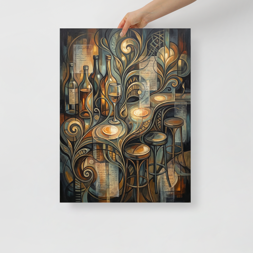 An Art Nouveau oil painting of a bar counter with wine bottles, glowing glassware, and bar stools woven with vintage receipts and golden flourishes, ideal for a dining room or bar. Available as the Lyco art art print 'The Ledger of Reverie'.