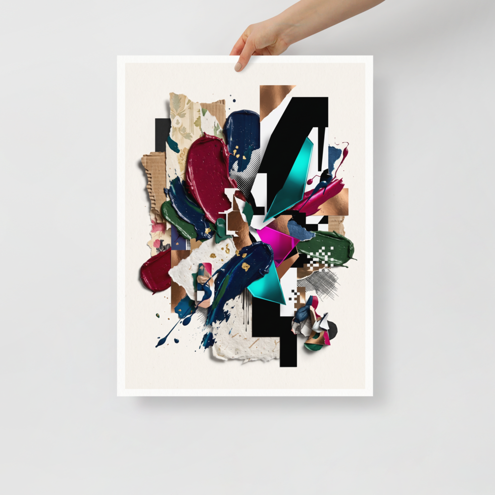 A lively / vibrant scene in navy and crimson, 'Geometric Synthesis'. A modern mixed-media collage combining corrugated cardboard, thick paint smears, and bold geometric shapes, creating an eye-catching centerpiece for a Studio or Office.