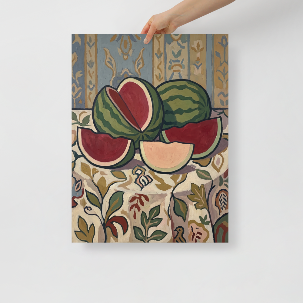 Les Nabis wall art, 'Watermelon Still Life with Ornate Wallpaper'. Vibrant still life featuring sliced green and red watermelons on an ornate tablecloth, ideal for Dining Room decor.