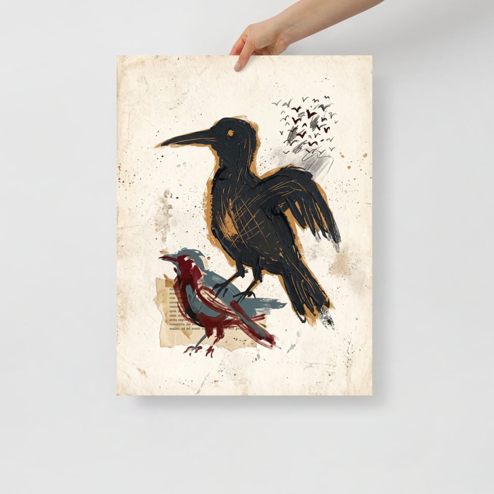 'Sentinels of the Page' by Meron. An expressive mixed-media painting of a large black raven and a red bird on vintage parchment with paint splatters, perfect for a cozy library or office. A Dau-al-Set wall art print.